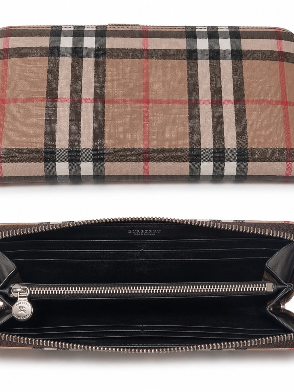 Authentic Burberry Beige Black White Red House Check Zip Wallet